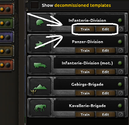 Train and Edit buttons for a division template in Hearts of Iron IV