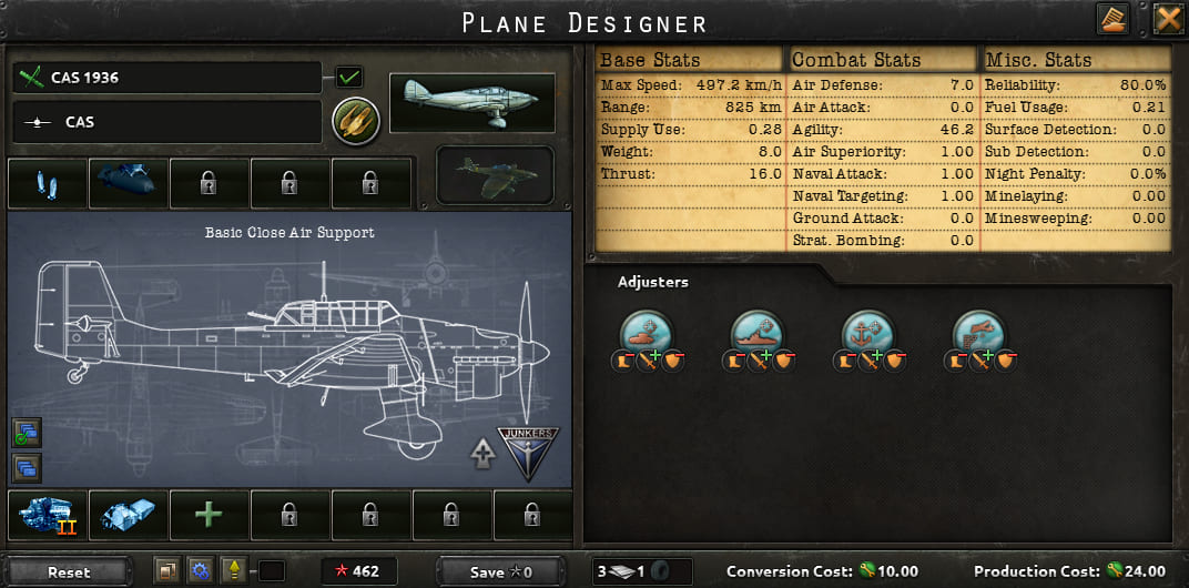 Aircraft Designer in Hearts of Iron IV: 1936 CAS template. Basic Small Airframe, Engine II. Armament: Small Bomb Bay, Bomb Locks. Special modules: Extra Fuel Tanks.
