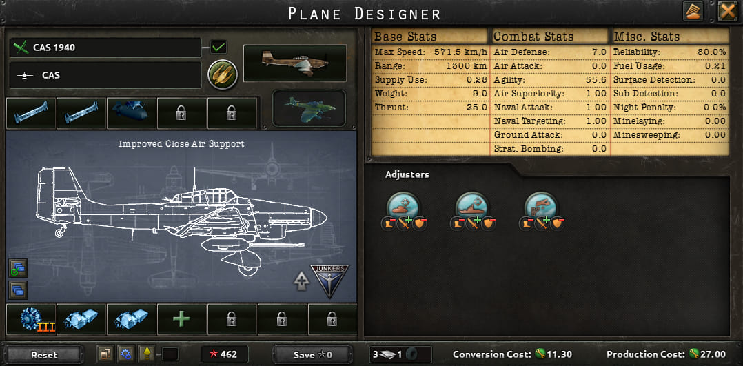 Aircraft Designer in Hearts of Iron IV: 1940 CAS template. Improved Small Airframe, Engine III. Armament: 2x Heavy Bomb Locks, Bomb Locks. Special modules: 2x Extra Fuel Tanks.