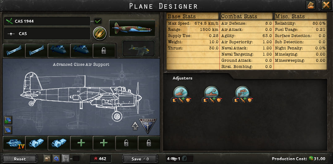 Aircraft Designer in Hearts of Iron IV: 1944 CAS template. Advanced Small Airframe, Engine IV. Armament: 2x Heavy Bomb Locks, 2x Bomb Locks. Special modules: 2x Extra Fuel Tanks.