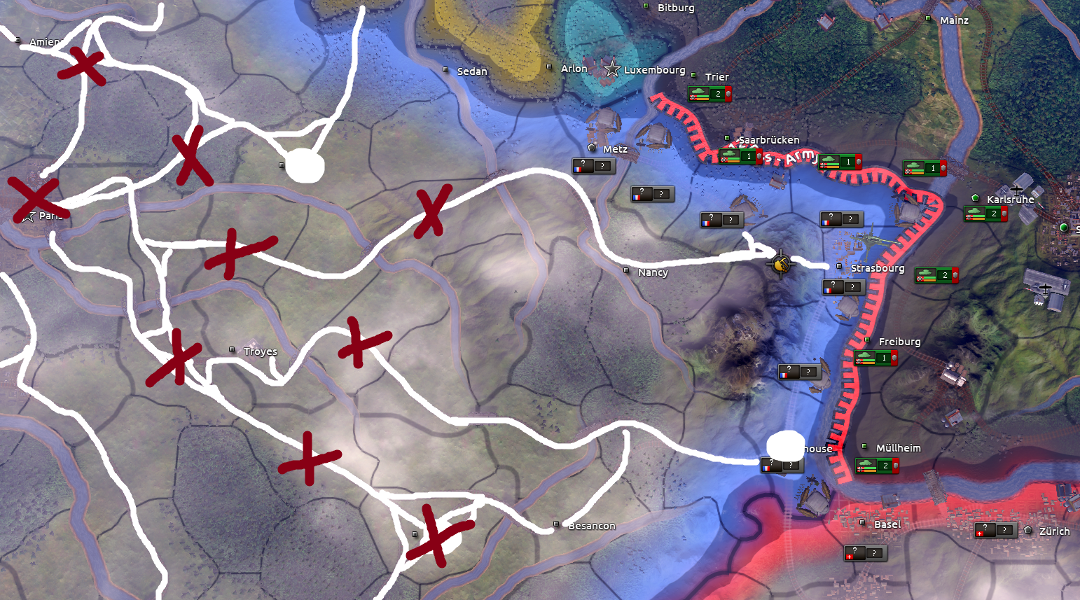 Map: cheap paratrooper divisions dropped deep behind the line on important tiles